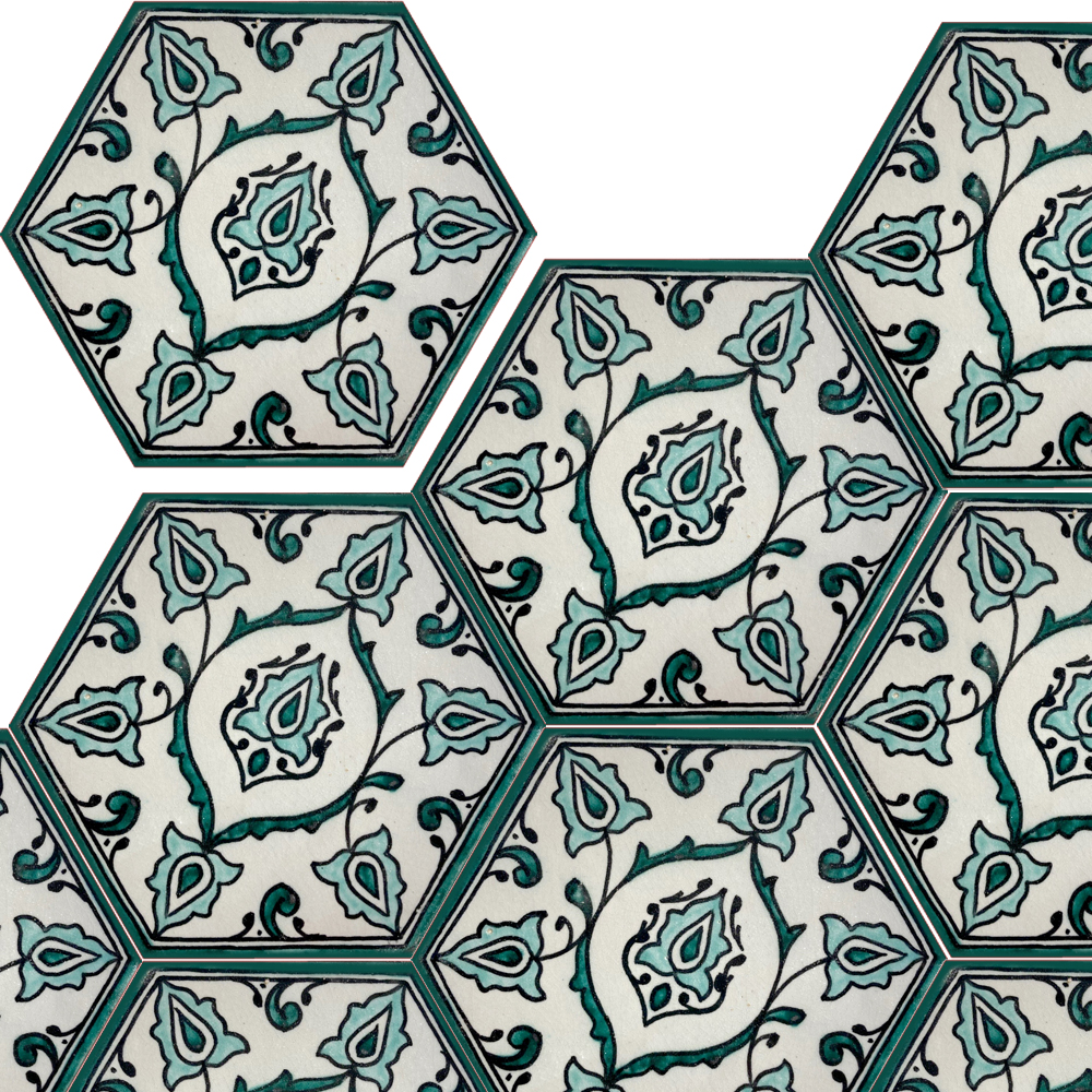 Mosaic House Moroccan tile Edith Bell 1-12-10 White Light Green Green  {hand painted handpainted 6x6} 